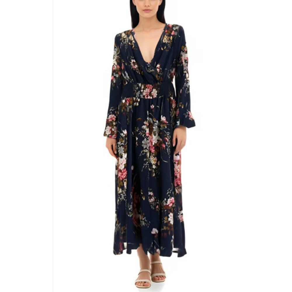 PKC Collection Summer Floral midi dress smocked long sleeve Eggplant Purple 2XL
